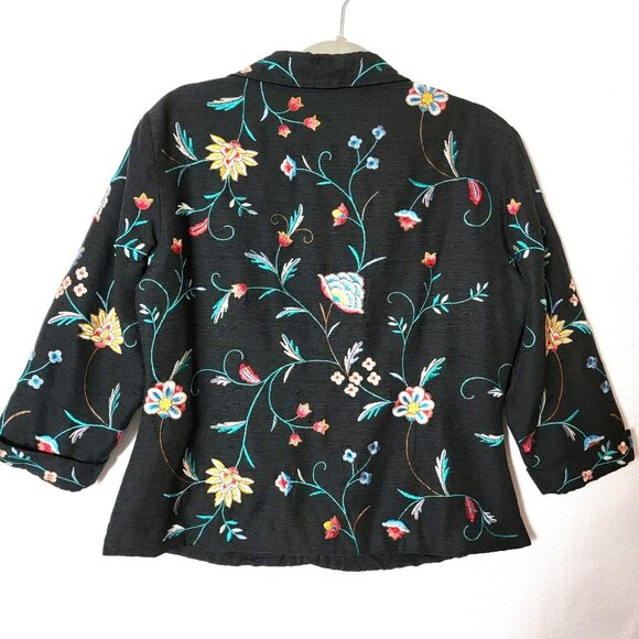 Silk Land Womens Silk Blazer Sz XL Button Up Lined Embroidered Black Floral - Picture 2 of 10